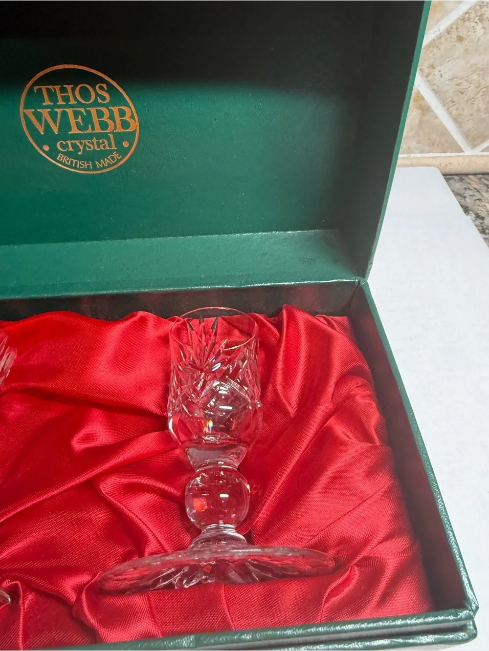Thos Webb Crystal Cut Cordial Liqueur Glasses, pair with original box, England.
